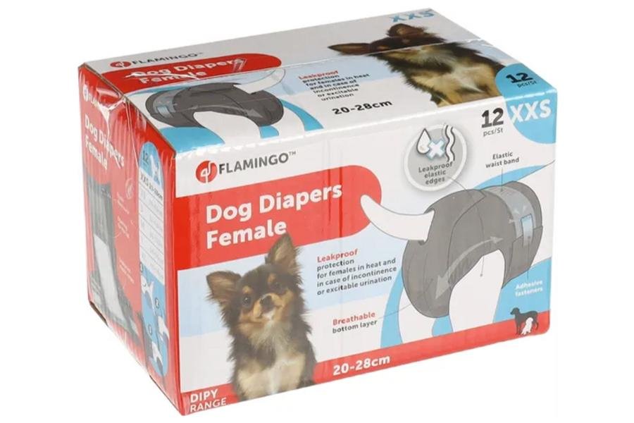 პამპერსი ძაღლებისთვის XXS 12ც 20-28სმ / Diapers dipy for female dogs XXS 12psc 20-28cm - ZooLife.ge