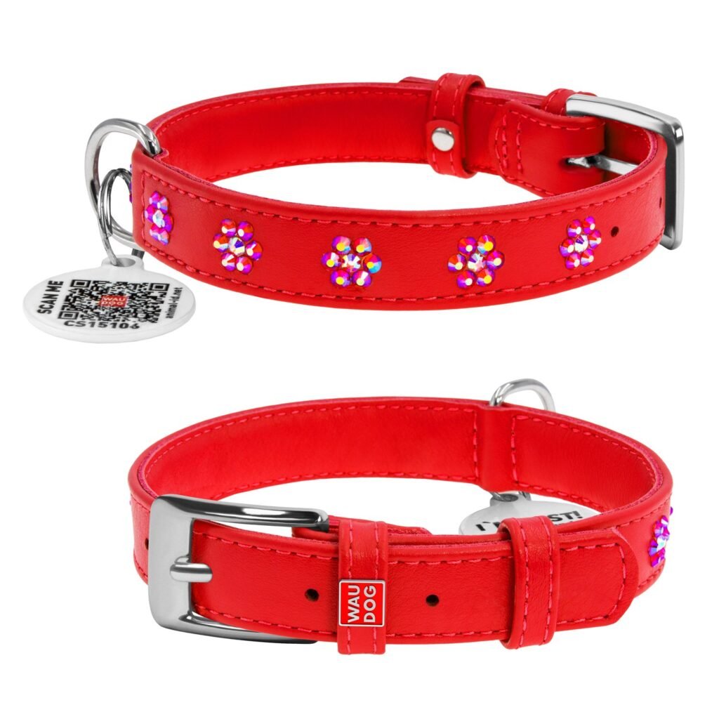 ძაღლის ტყავის საყელო QR პასპორტით - წითელი ზომა 27-36სმ 15მმ - ZooLife.ge