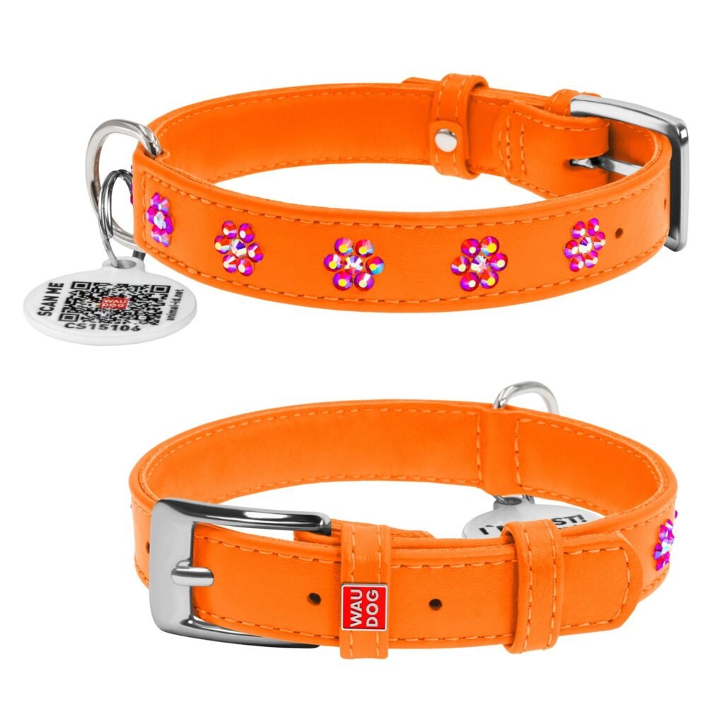 ძაღლის ტყავის საყელო QR პასპორტით - სტაფილოსფერი ზომა 27-36სმ 15მმ - ZooLife.ge