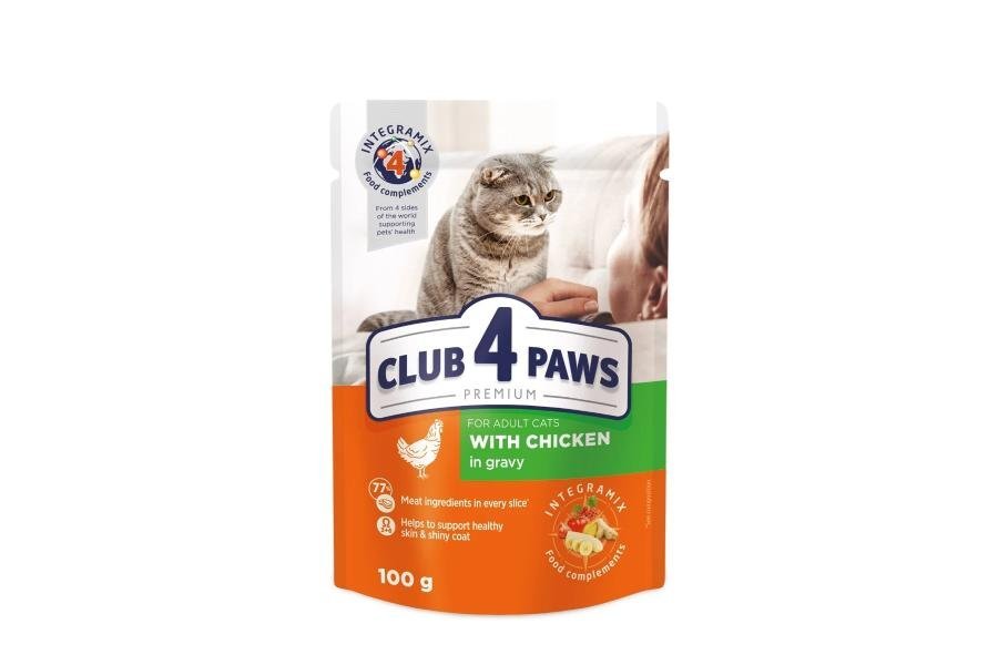 კლუბი 4 თათი სველი საკვები კატებისთვის ქათმის ხორცით ჟელეში 100 გრ - ZooLife.ge