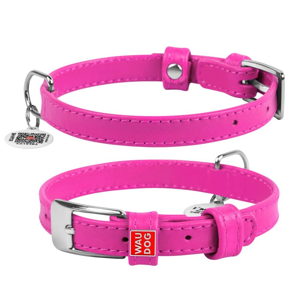 ძაღლის ტყავის საყელო QR პასპორტით - ვარდისფერი ზომა S 27-36სმ 15მმ - ZooLife.ge