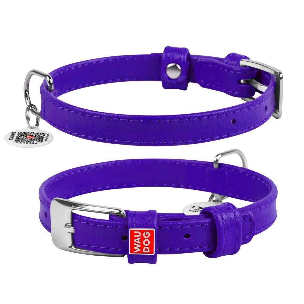 ძაღლის ტყავის საყელო QR პასპორტით - იისფერი ზომა S 27-36სმ 15მმ - ZooLife.ge