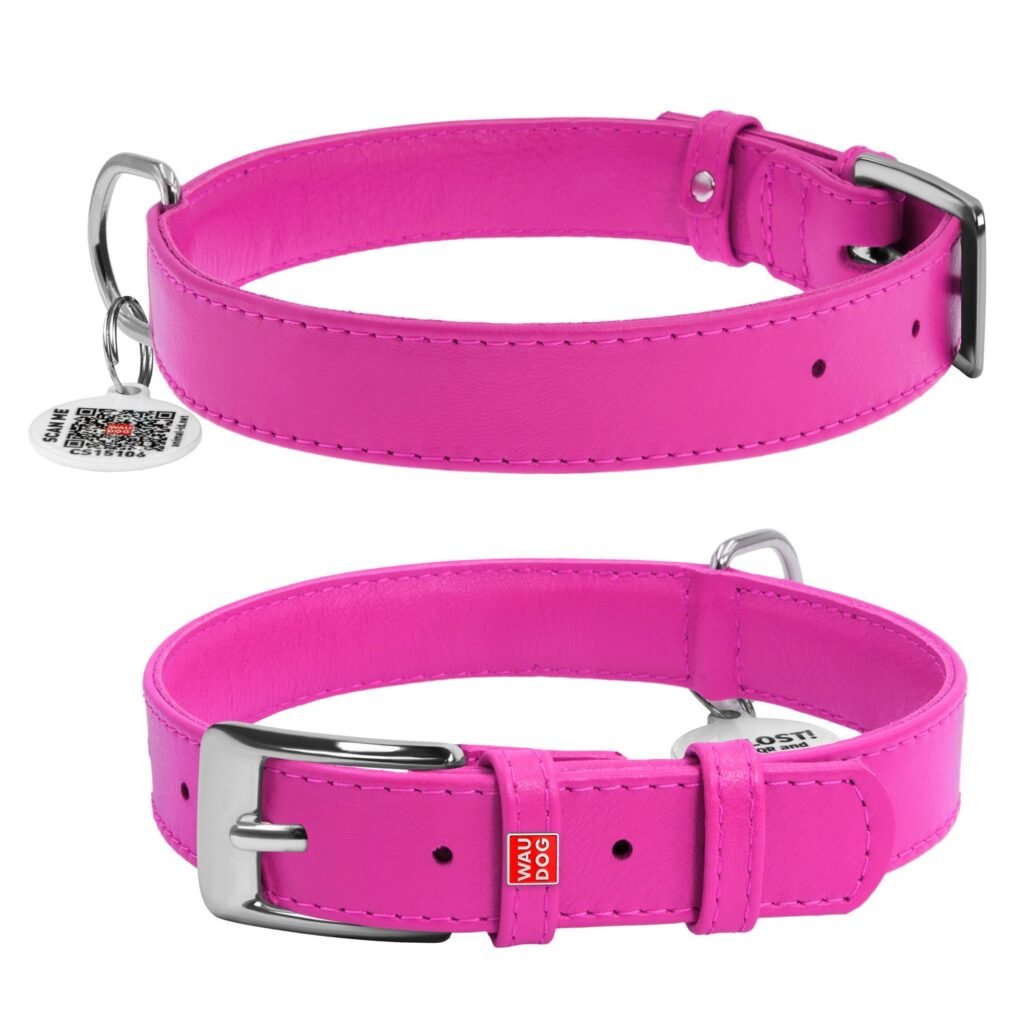 ძაღლის ტყავის საყელო QR პასპორტით - ვარდისფერი ზომა M 30-39სმ 20მმ - ZooLife.ge