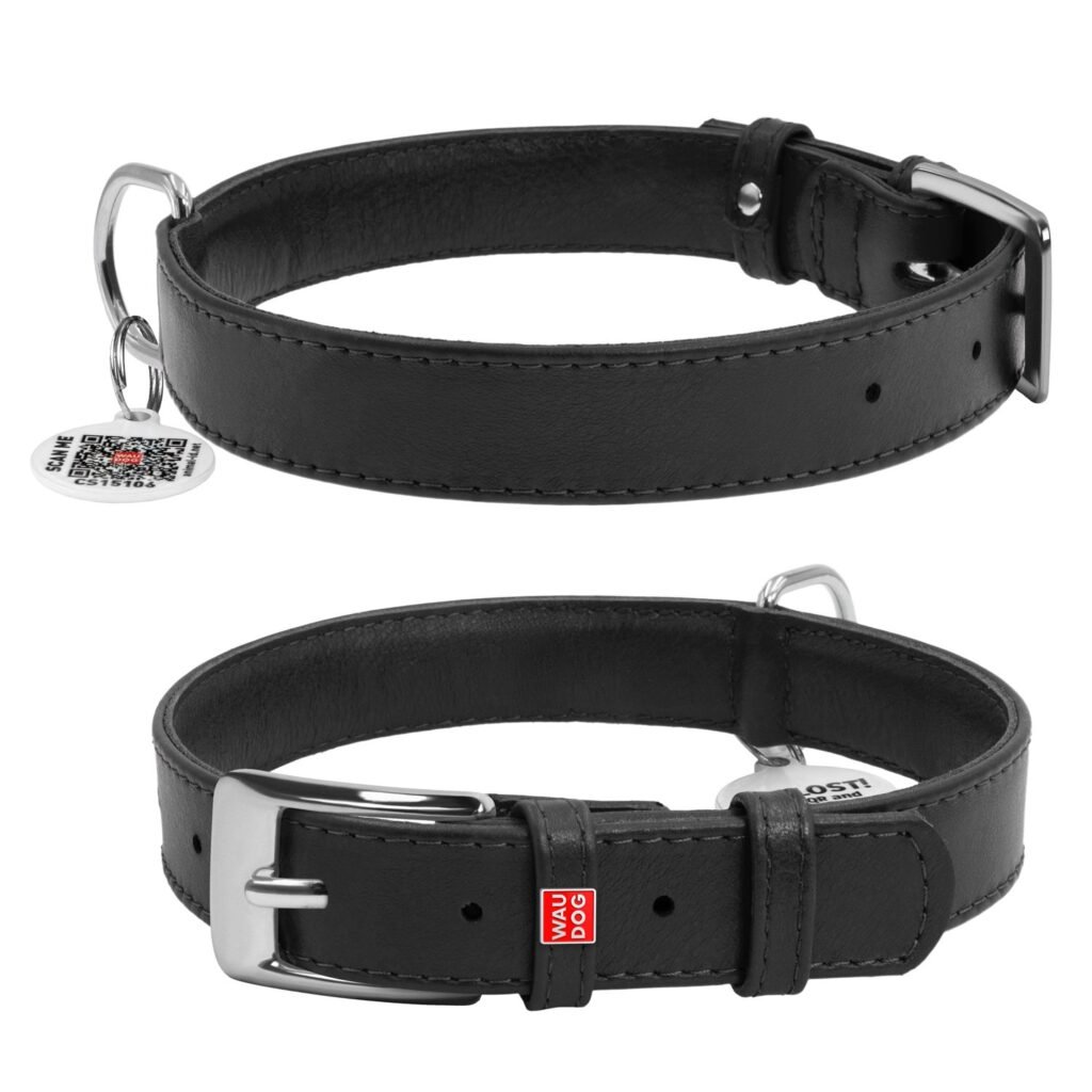 ძაღლის ტყავის საყელო QR პასპორტით - შავი ზომა L 38-49სმ 25მმ - ZooLife.ge