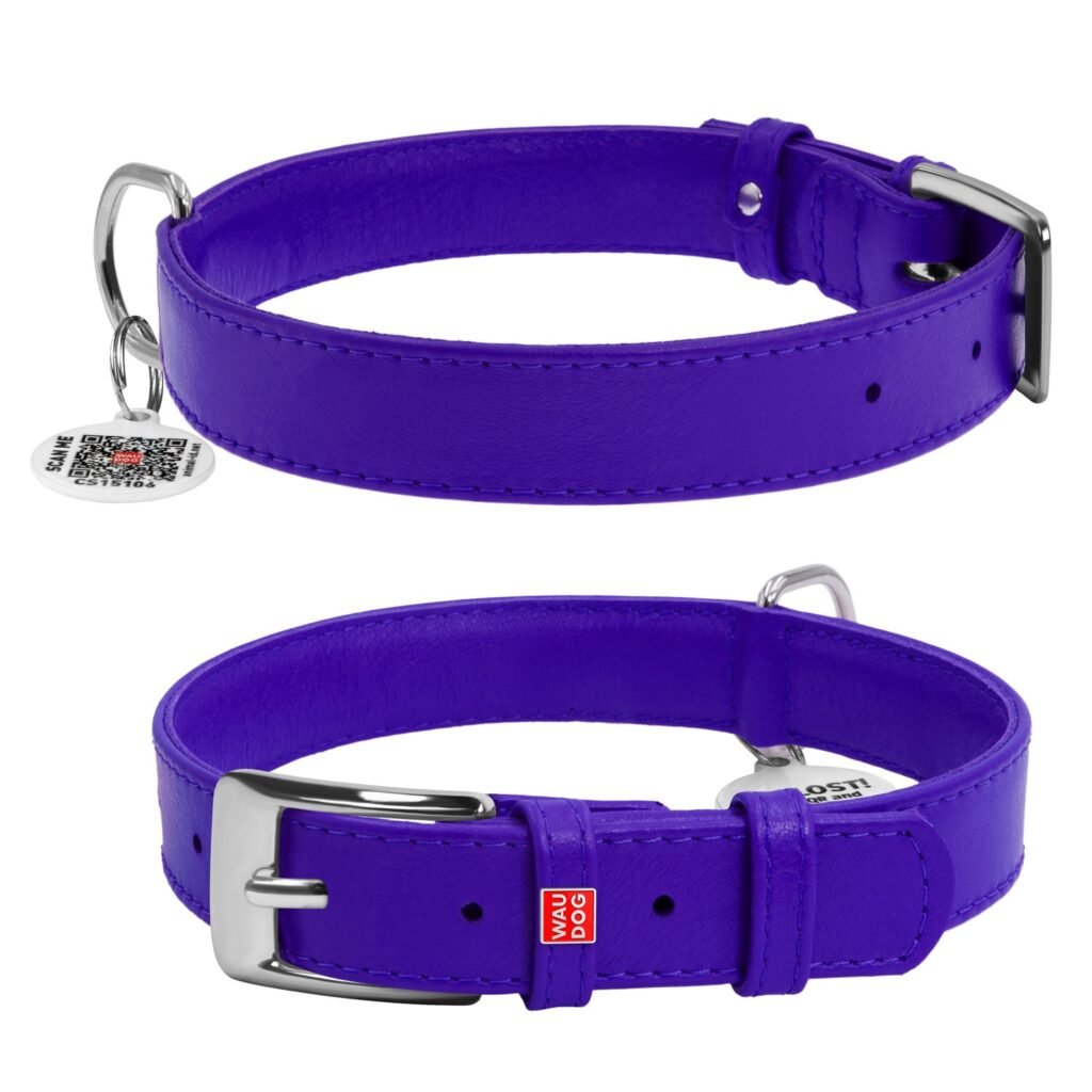 ძაღლის ტყავის საყელო QR პასპორტით - იისფერი ზომა L 38-49სმ 25მმ - ZooLife.ge