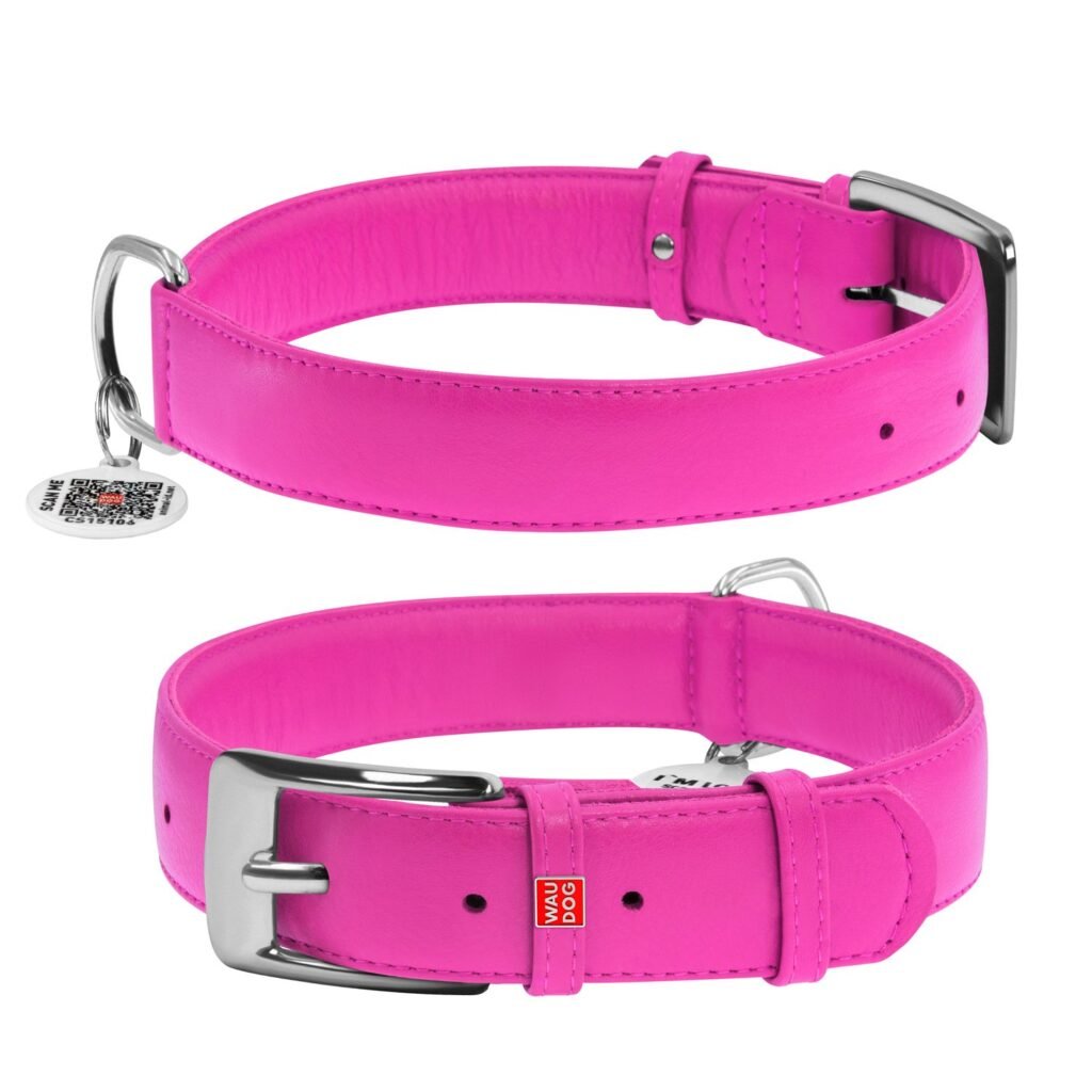 ძაღლის ტყავის საყელო QR პასპორტით - ვარდისფერი ზომა XL 46-60სმ 35მმ - ZooLife.ge