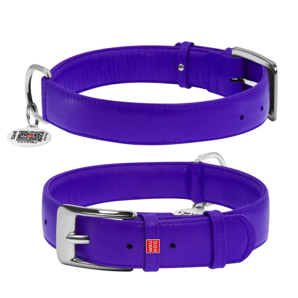 ძაღლის ტყავის საყელო QR პასპორტით - იისფერი ზომა XL 46-60სმ 35მმ - ZooLife.ge