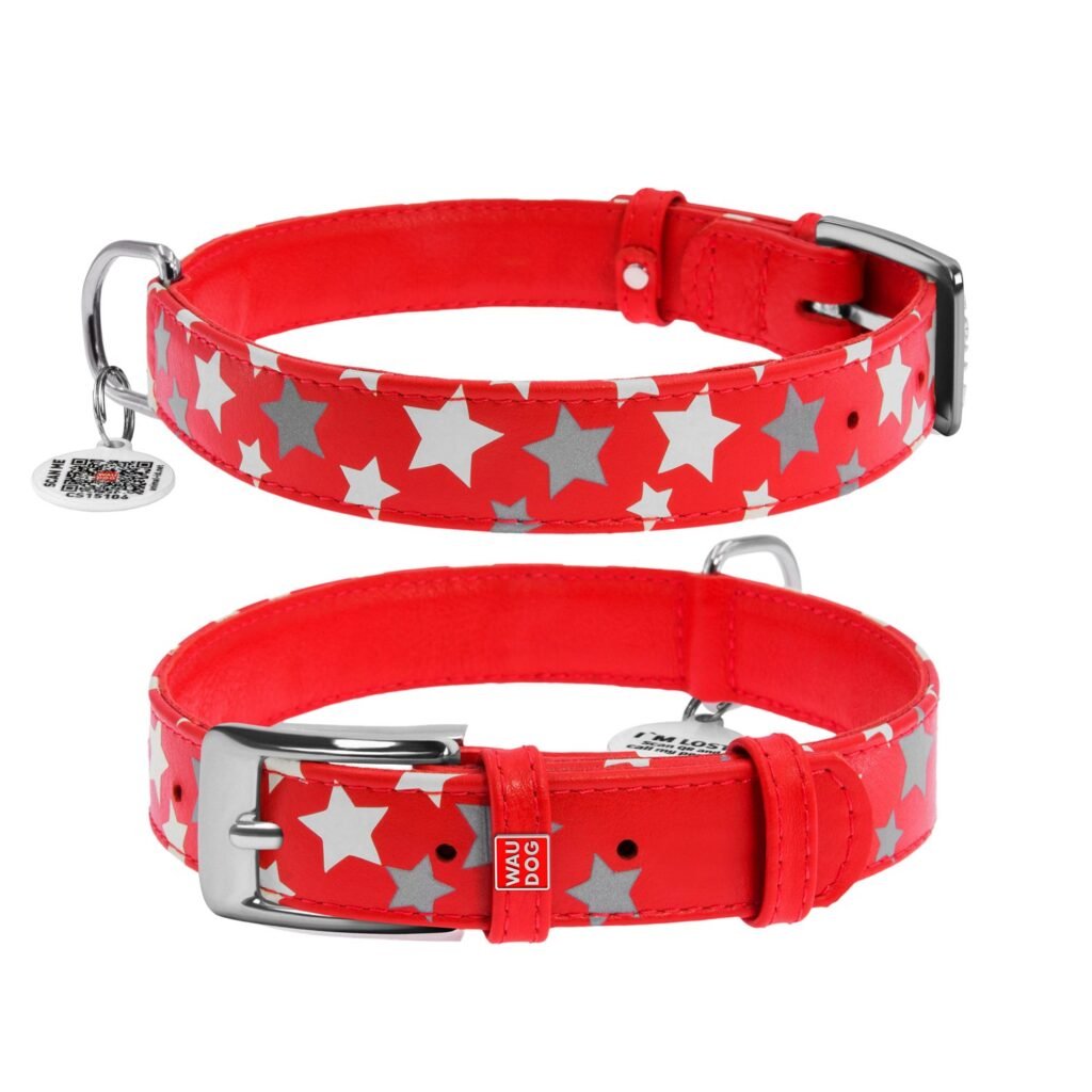 ძაღლის ტყავის საყელო QR პასპორტით -წითელი ზომა XL 46-60სმ 35მმ - ZooLife.ge