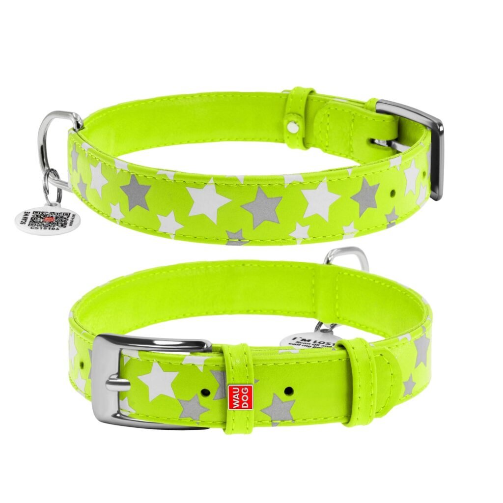 ძაღლის ტყავის საყელო QR პასპორტით - სალათისფერი ზომა L 38-49სმ 25მმ - ZooLife.ge