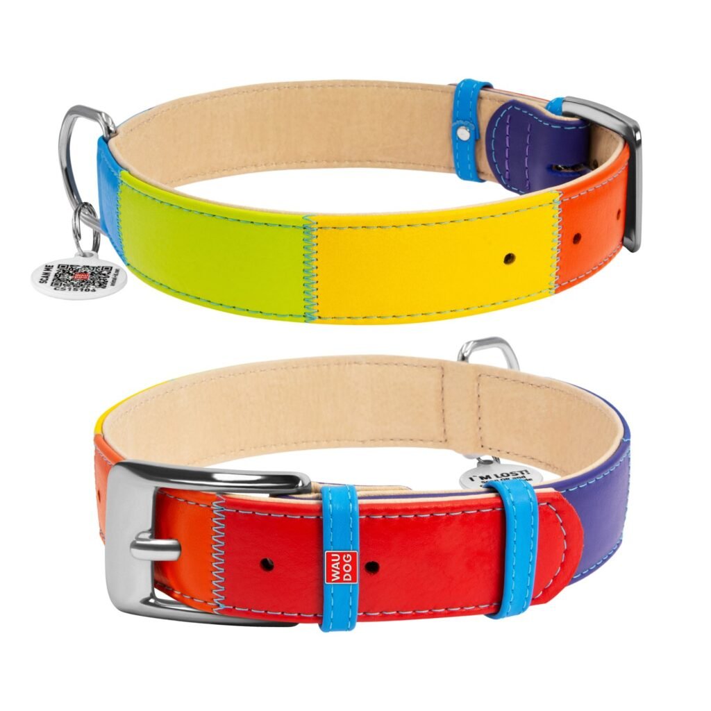 ძაღლის ტყავის საყელო QR პასპორტით - ჭრელი ზომა M 30-39სმ 20მმ - ZooLife.ge