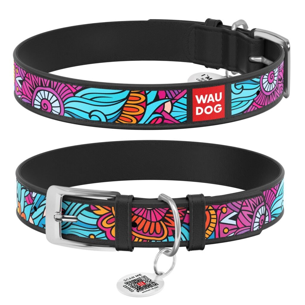 ძაღლის ტყავის საყელო QR პასპორტით - ფერადი ზომა M 29-38სმ 20მმ - ZooLife.ge