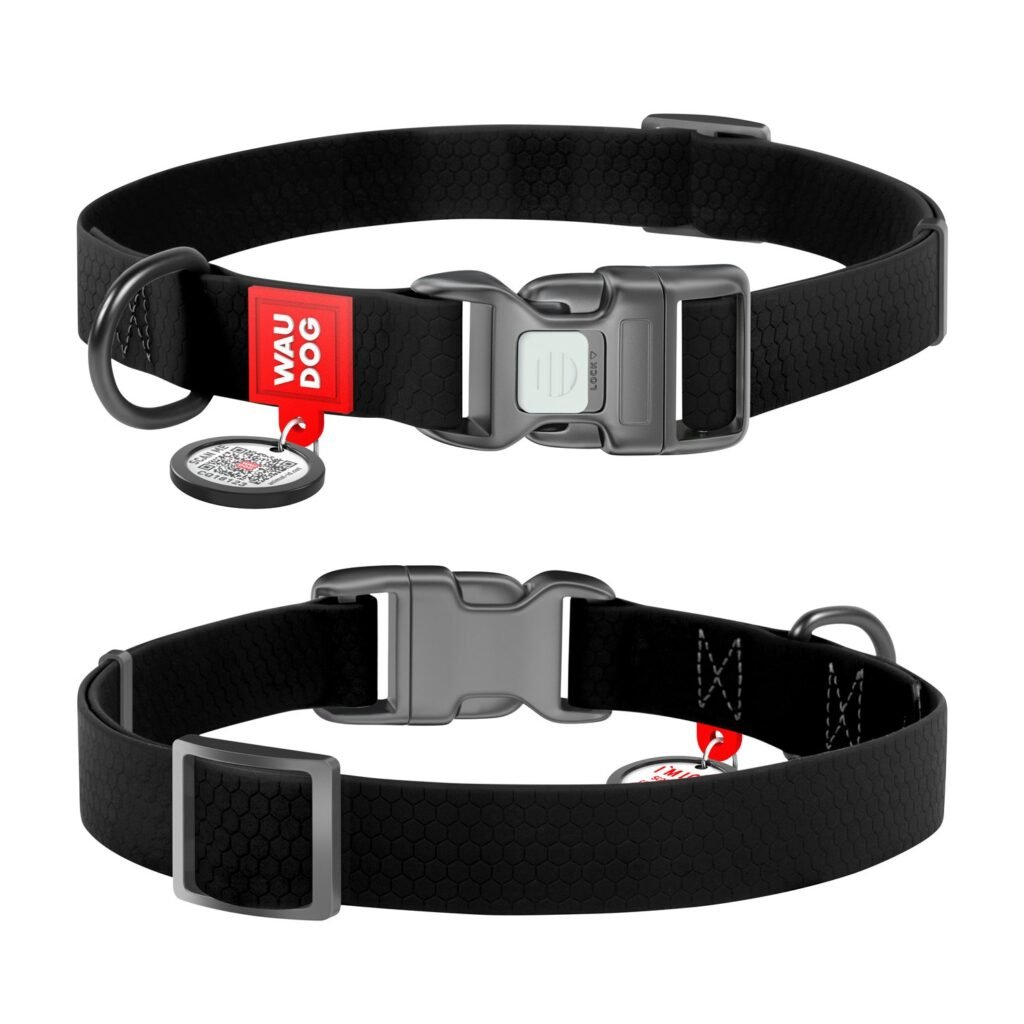 ძაღლის წყალგაუმტარი საყელო QR პასპორტით - შავი 34-49სმ 25მმ - ZooLife.ge