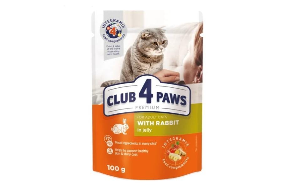 კლუბი 4 თათი სველი საკვები კატებისთვის კურდღლის ხორცით ჟელეში 100გრ - ZooLife.ge