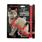 კატის სამკერდე სატარებელი საბელით / Cat Harness & Lead “Meow” Coral + Bell