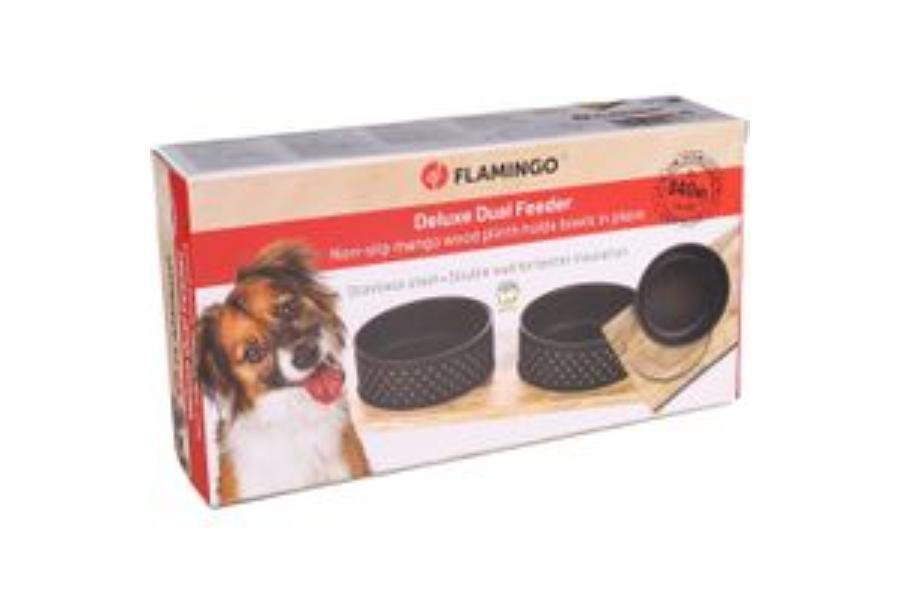 ორმაგი ჯამი მეტალის საჭმლისთვის და წყლისთვის ხის სადგამით დიამეტრი 15,5სმ,  2x840მლ - ZooLife.ge