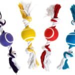 ძაღლის სათამაშო ბურთი თოკით წითელი/ყვითელი/ლურჯი/იასამნისფერი 30სმ /DT Cotton quinn playing rope tennis violet/yello/red/blue 30cm ass