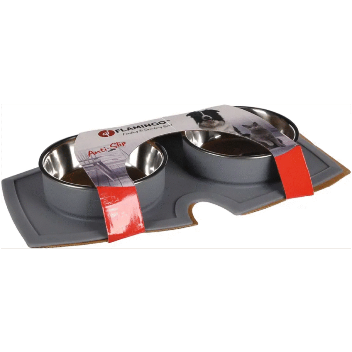 FEEDING AND DRINKING BOWL SET WITH SILICON PLACE MAT SPILLA 410ML 14,5CM 40x22x5CM ლითონის ჯამი ორმაგი, სილიკონის ბაზ - Image 1