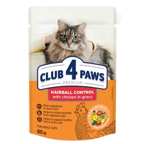 კლუბი 4 თათი კატის ჟელე ქათმის ხორცით Hairball control 100გრ