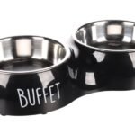 საკვებისა და სასმელის ორმაგი  თასი შავი და ვერცხლისფერი M | A:14 სმ B:3,8 სმ C:10,5 D:6,3 სმ E:33,5 F:17,5 სმ - 2x470 მლ / Feeding and drinking bowl Duo Dinner Divar Black & Silver M | A:14cm B:3,8cm C:10,5 D:6,3cm E:33,5 F:17,5cm - 2x470ml