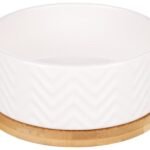 კერამიკის თასი ბამბუკის სადგამით თეთრი - ზომა: A:16,1სმ B:6,6სმ C:7,7სმD:16სმ - 990მმ / Feeding and drinking bowl Bianco Round White  size: A:16,1cm B:6,6cm C:7,7cm D:16cm - 990ml