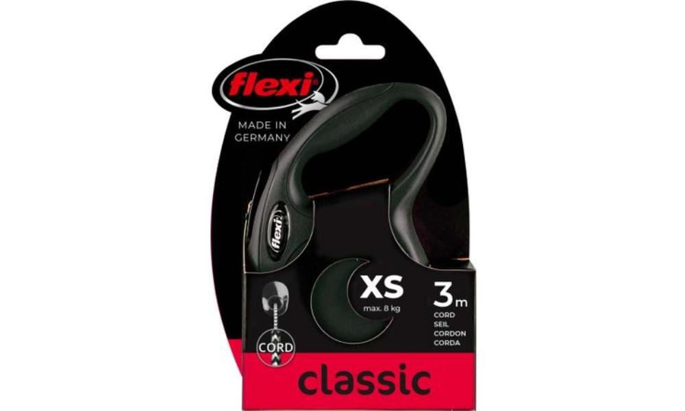 Flexi – ძაღლის სატარებელი რულეტკა თოკით - შავი  XS 3მ 8კგ / Flexi Retractable leash Classic Cord Black XS 3m 8kg - ZooLife.ge