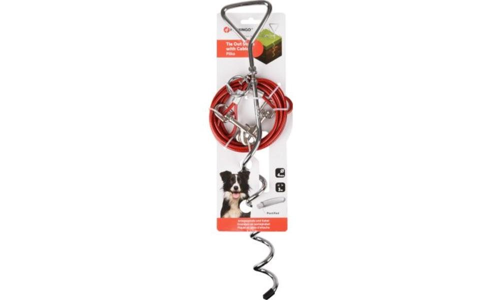 ძაღლის საბელი - ეზოსთვის განკუთვნილი სამაგრი 46სმ კაბელით - 3მ / Ground spike with cable - 3m Pilka Silver - 46cm - ZooLife.ge